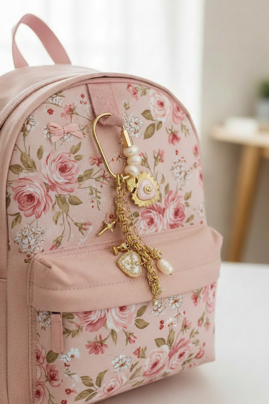 Gold Carabiner Charm on LoveShackFancy-Style Vintage Floral Backpack